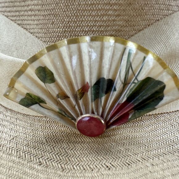 Vintage Frank Olive Straw Wide Brim Hat Floral Brooch Tan main image 7